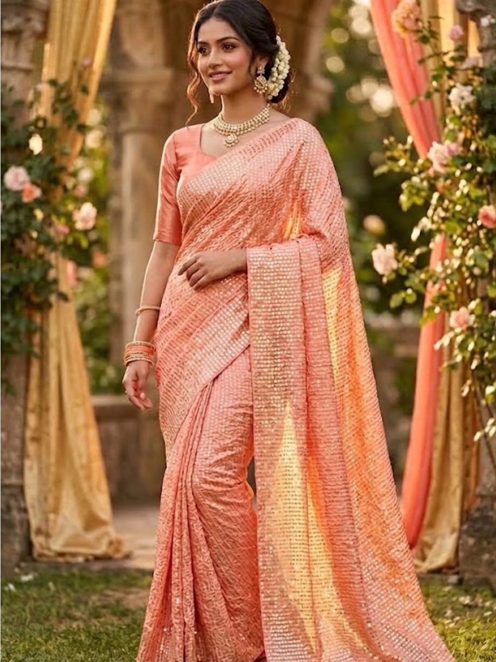 ✨Brand new Peach Sequined Saree & Satin Blouse piece set✨